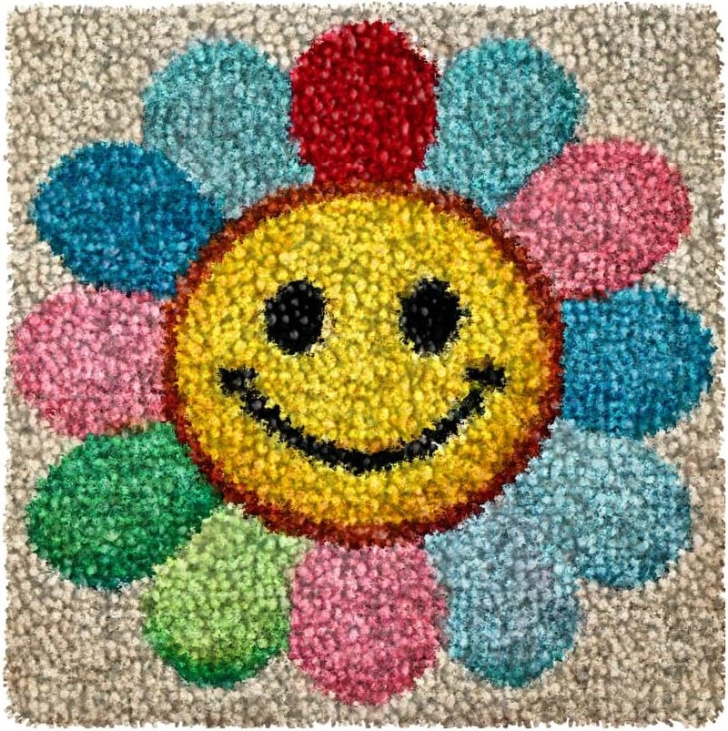 Numptain Latch Hook Kits for Adults,DIY Rug Crafts Colorful Smiley Face Pattern Color Printed Canvas,Latch Hook Kits for Beginners Handmade Needlework Crafts Home Decoration,12"x12" - Image 1
